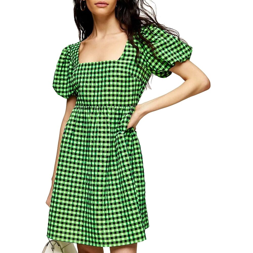 TopShop Neon Green & Black Gingham Seersucker Babydoll Minidress, US 6